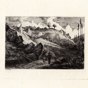 May include: A black and white etching of a landscape with a winding path leading up a hill. There are trees and buildings in the distance, and a group of people walking on the path.
