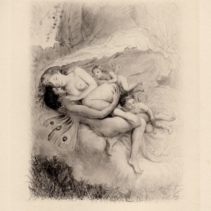 Grabado original de Paul-Emile Becat, 1955, &quot;Cupido y Psique enamorados&quot;. Certificado de galería con marco personalizado y edición limitada.