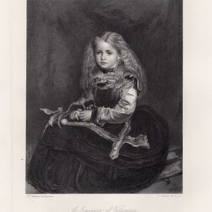 May include: A black and white engraving of a young girl wearing a dark dress with lace trim. She is holding a small object in her lap and has long, flowing hair. The engraving is titled "A Souvenir of Velasquez."