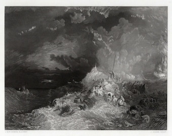 1800s William TURNER Engraving &quot;Fire on the Water&quot; Gallery FRAMED SIGNED Certificate of Authenticity