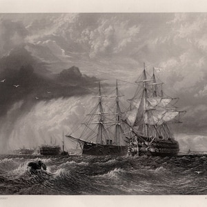 May include: A detailed black and white nautical print depicting a fleet of ships at sea during a storm. The image shows several tall ships with billowing sails navigating rough waters under a cloudy sky. The print includes the text "H.T. DAWSON, JUDY FLEET".