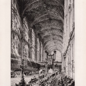 1800s Henri TOUSSAINT Original Etching &quot;Inside of King&#39;s College Chapel&quot; SIGNED Custom Framed COA