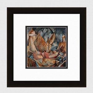 Puede incluir: Una pintura cubista que representa una escena de puerto con barcos y edificios. La pintura está realizada en tonos marrones, rojos y azules.