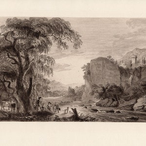 May include: A black and white engraving depicting a landscape scene with a river flowing through a valley. Trees, rocks, and a small village can be seen in the distance. A group of people are walking along the riverbank.