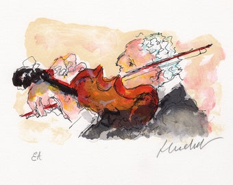 Limitierte von HUCHET HANDSIGNIERTE Farblithographie ""Der professionelle Geiger"" mit individuell gestaltetem Galeriezertifikat."