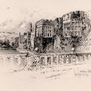 Herbert RAILTON 1800s Etching &quot;The East Front, Haddon Hall Country House&quot; Framed SIGNED COA