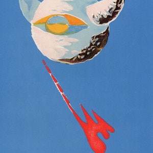 Puede incluir: Una pintura abstracta en blanco, azul y amarillo con una salpicadura roja sobre un fondo azul. La pintura presenta un ojo estilizado con un cuerno en la parte superior.