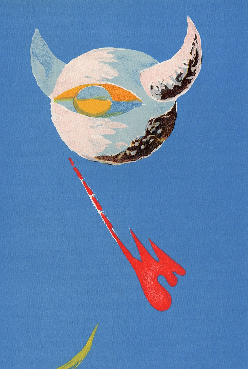 Puede incluir: Una pintura abstracta en blanco, azul y amarillo con una salpicadura roja sobre un fondo azul. La pintura presenta un ojo estilizado con un cuerno en la parte superior.