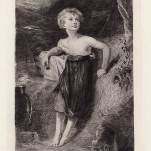 May include: A black and white etching of a young girl standing in a landscape. She is wearing a simple dress and has her hair pulled back. She is looking up and to the right, as if she is lost in thought. A dog is sitting at her feet.