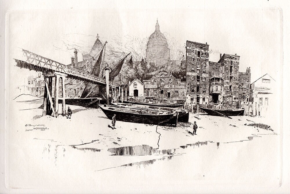 Original Joseph PENNELL 1800s Etching "View of St. Paul's Wharf" Gallery FRAMED SIGNED Certificate of  Authenticity