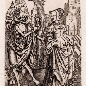 Gravura de Lucas Van Leyden "A Morte e a Dama" de 1800, assinada e emoldurada profissionalmente.