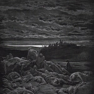 GUSTAVE DORE Xilogravura de 1800 "A morte dos filhos de Jerubbaal" Certificado de galeria personalizado com moldura e ASSINATURA