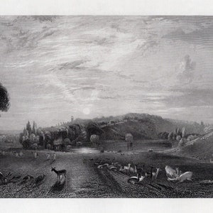 May include: A black and white engraving depicting a landscape with a river, trees, and a group of deer in the foreground. The sky is cloudy and the sun is shining through the clouds.
