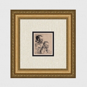 Puede incluir: Un grabado en blanco y negro de dos cabezas de hombres, uno con barba y otro con bigote, de perfil. El grabado está enmarcado en un marco dorado.