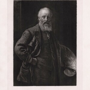 May include: A black and white portrait of an older man with a long white beard. He is wearing a dark coat and holding a paint palette in his right hand.