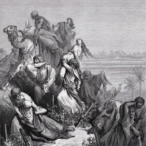 1800-talet Gustave DORE Träsnitt "Jungfrurna från Jabesh i Gilead förs till benjaminiterna" Galleri Inramad UNDERSKRIVEN Äkthetsintyg