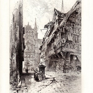 May include: A black and white engraving of a street scene in a European city. The street is narrow and cobbled, with buildings on either side. A woman is standing at a well, and there are other people walking in the street. The engraving is signed "J.B.  W.  Balling" in the lower right corner.