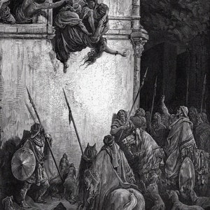 Xilogravura bíblica de Gustave DORE de 1800 "Morte violenta de Jezabel" emoldurada personalizada ASSINADA Certificado de galeria
