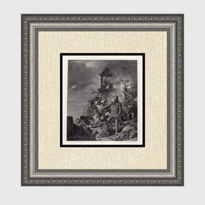 JAMES DRUMMOND Gravura fantástica de 1800 "Batalha dos Cavaleiros" EMOLDURADA Certificado de Autenticidade Assinado