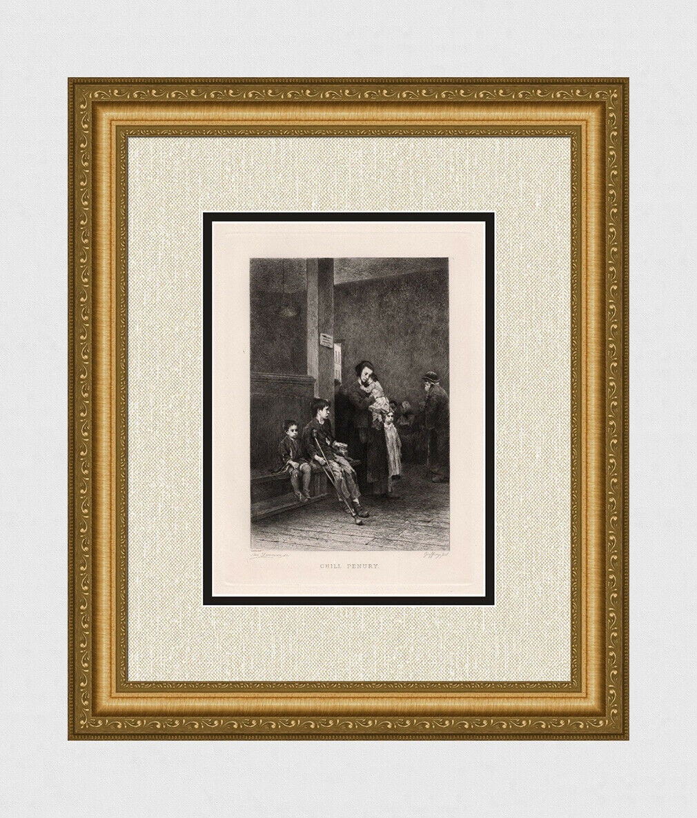 Jean GEOFFROY 1800s Antique Etching "Chill Penury" SIGNED Gallery FRAMED Certificate of Authenticity