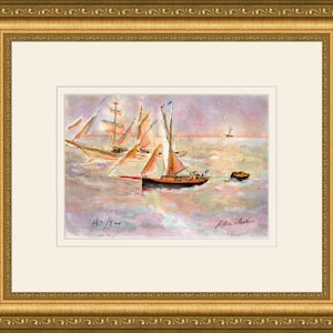 Original Urbain HUCHET Lithograph &quot;Sailing Along the Sunset&quot; HAND S/N Custom Framed Gallery Certificate