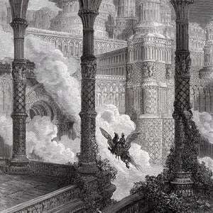 FRAMED 1800s Gustave Dore Woodcut "Astolfo arrives at a magnificent palace a lofty mountain" Signed GALLERY CERTIFICATE