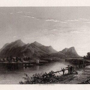 May include: A black and white engraving of a landscape with a river in the foreground and mountains in the background.  There are trees on the banks of the river and two figures standing on the right side of the image.  The text "after a sketch by Mr. Bartlett" is printed below the image.