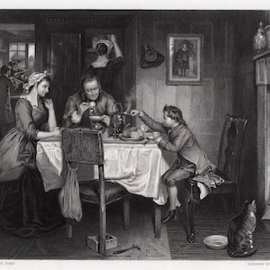May include: A black and white engraving depicts a family scene. A woman and man sit at a table with a young boy. A cat sits on the floor. A fire burns in the fireplace. The engraving is signed by Marcus Stone and Herbert Bourne.