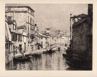 Lucien GAUTIER Radierung „Ein venezianischer Kanal“ aus dem 19. Jahrhundert, SIGNIERT, Galerierahmen, Echtheitszertifikat