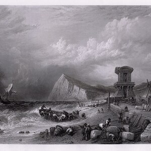 May include: A black and white engraving depicting a scene of a ship wrecked on a rocky shore. The ship is partially submerged in the water, and people are gathered on the shore, some helping to rescue others from the wreckage. The engraving is titled "C. Stanfield, R.A. Pinxt."