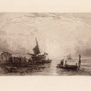 1800s COPLEY FIELDING Maritime Etching &quot;Coastal Scene at Sunset&quot; FRAMED Gallery Certifictae