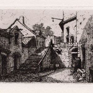 V J VAILLANT 1800s Antique Etching &quot;Old Maritime Quarter of Boulogne&quot; Gallery Framed COA