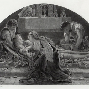 Gravura antiga de Joseph Noel Paton, década de 1800, "Morte de um cavaleiro", personalizada, emoldurada e assinada, certificado de galeria