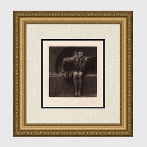 1800s Franz von Stuck Original Etching &quot;Lucifer&quot; Gallery FRAMED Signed Certificate of Authenticity