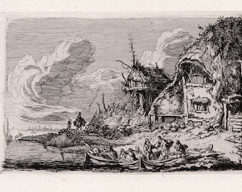 May include: A black and white engraving depicting a group of people in a boat on a river. The boat is approaching a small, thatched-roof building on the shore. The sky is cloudy and there are trees in the background.