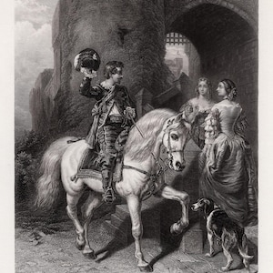 May include: A black and white engraving depicting a man on horseback, saluting two women standing in a doorway. The man is wearing a long coat and a hat. The women are wearing long dresses. A dog is sitting in the foreground.