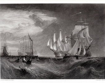 JMW TURNER 1800s Engraving &quot;Portsmouth Harbour Captured Ships&quot; SIGNED Custom Framed Certificate of Authenticity