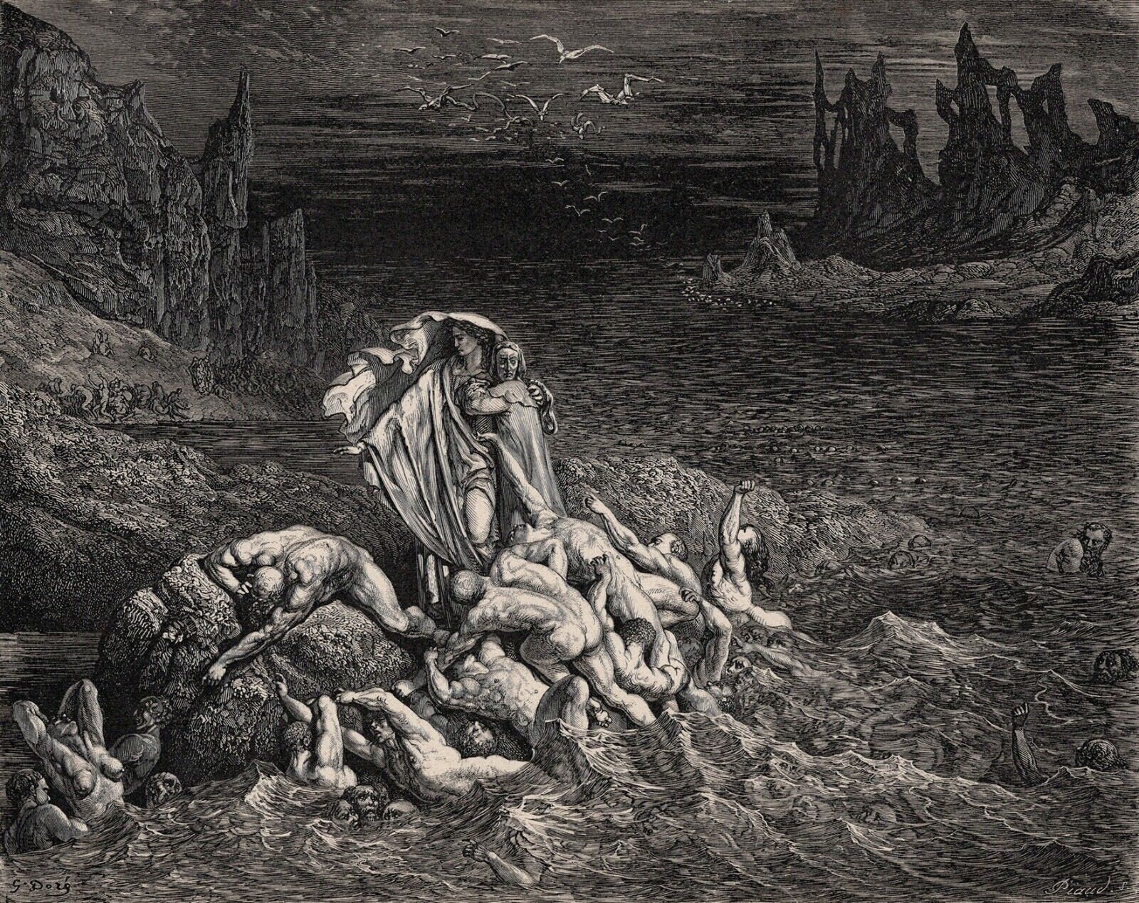 Gustave DORE 1800s Divine Comedy Woodcut "Wrathful Ones" Custom Framed SIGNED Gallery Certificate