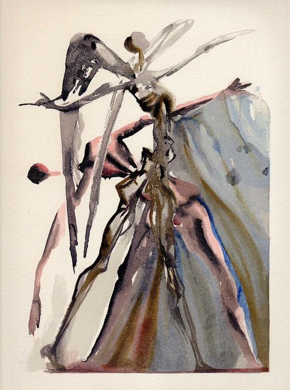 1960年 ダリ作 神曲 煉獄 木版画「怠慢な者たち」 真正品 額装