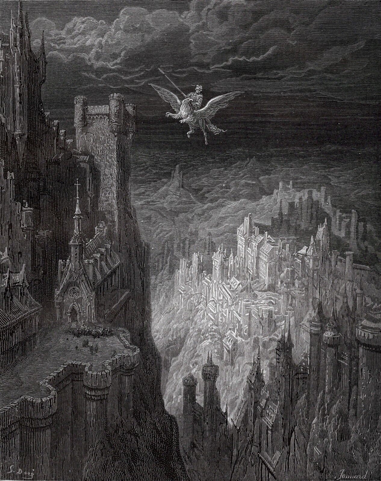 Gustave Dore Orlando Furioso SIGNED 1800s Woodcut "Astolfo Travels on Hippogriff" FRAMED COA