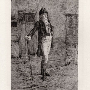 May include: A black and white engraving of a man in a black coat and white pants standing with a cane in a courtyard. He is wearing a black hat with a feather.