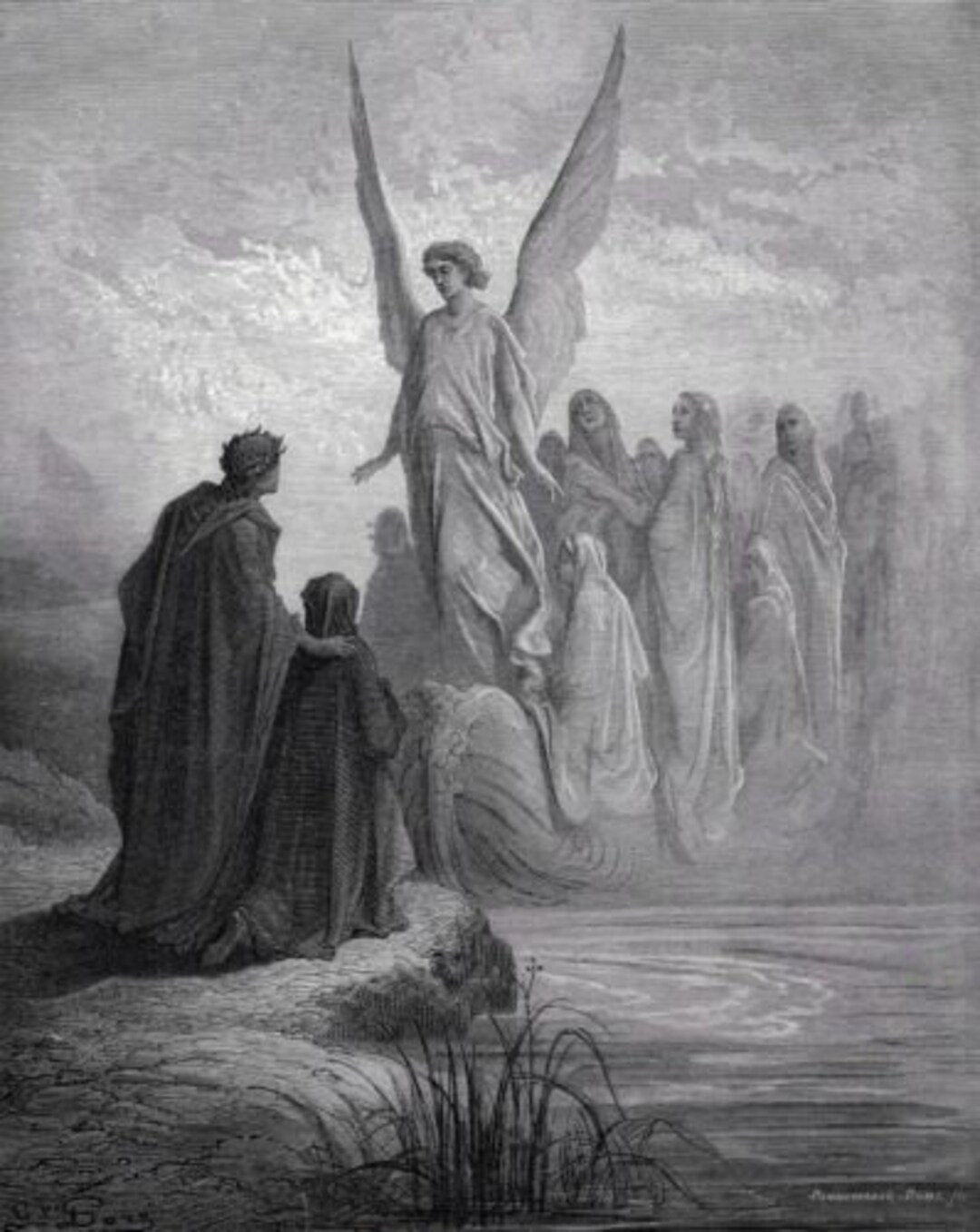 水彩画 トライシクルと僧侶 DORE 1800s Purgatory Woodcut 