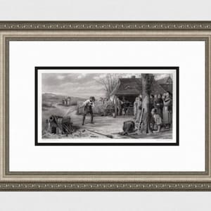 May include: A black and white engraving depicting a man using a long pole to push a cannonball towards a group of people standing near a building. The scene is set in a rural area with a field and a building in the background.
