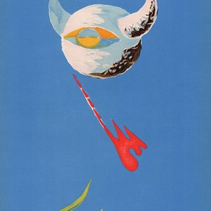 Puede incluir: Pintura abstracta con un orbe blanco, azul y amarillo con cuernos, una forma roja en forma de llama y formas verdes y amarillas sobre un fondo azul.