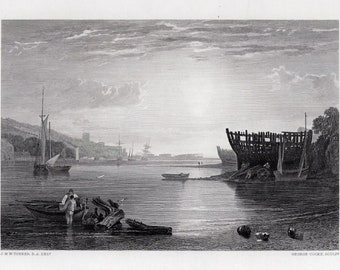 Grabado de JMW TURNER del siglo XIX "Estuario de Teignmouth", galería, enmarcado, certificado de autenticidad firmado.