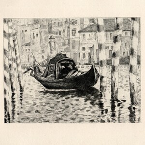 May include: A black and white etching of a gondola on a canal in Venice, Italy. The gondola is being rowed by a gondolier, and there are buildings and trees in the background.