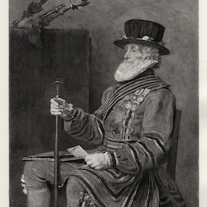 May include: A black and white engraving of a man wearing a black hat with a white feather, a white ruff, and a long, patterned coat. He is holding a cane in his right hand and a piece of paper in his left hand. He is sitting in a chair and looking to the left.