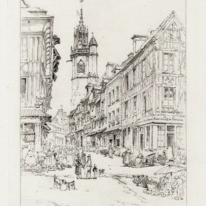 May include: A black and white line drawing of a street scene in a European town. The street is lined with buildings, some of which have half-timbered facades. There is a tall clock tower in the background. People are walking in the street, and there are some shops and stalls on the side of the street.