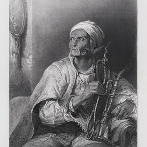 May include: A monochrome engraving depicting a man in Middle Eastern clothing, including a turban, holding a hookah. The detailed portrait highlights the man's face and attire. A shield is visible on the wall behind him, adding to the scene's cultural context.
