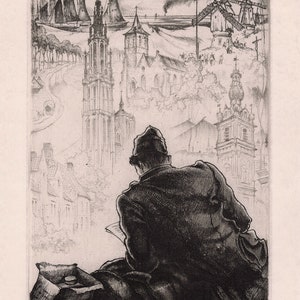 May include: A black and white etching of a man sitting and reading a book. The background is a cityscape with buildings, a windmill, and trees.
